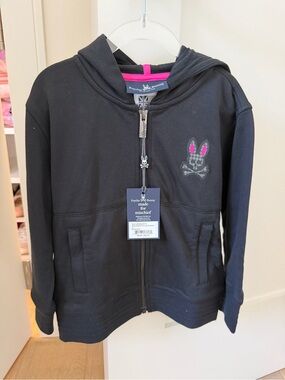 NWT Psycho Bunny Girls Black Full Zip Hoodie Pink Logo Size XXS 4